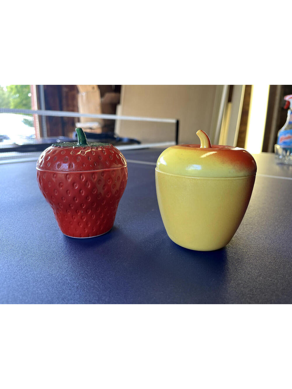 Vintage Hazel Atlas Strawberry & Apple Milk Glass Jam Jar with Lids - 1950s